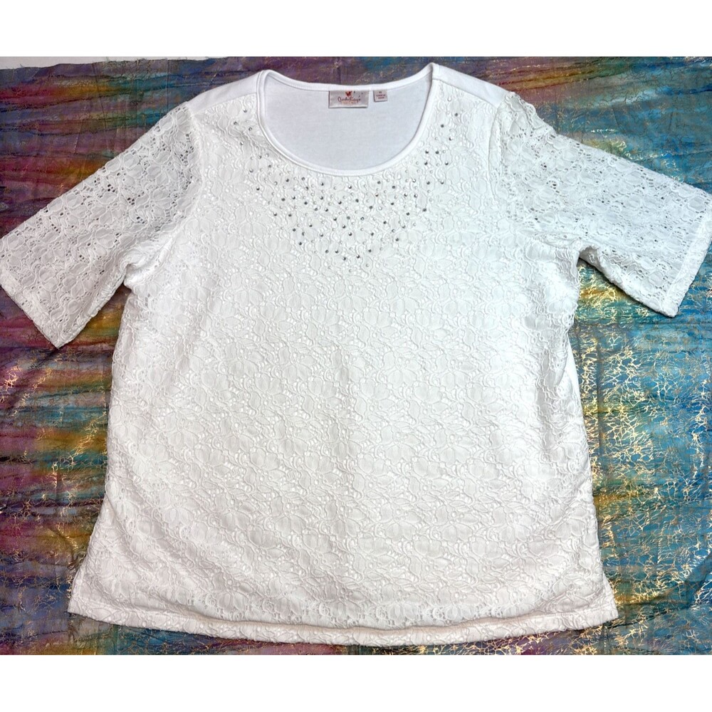 Quacker Factory Women's Plus 1X White Lace Overlay Rhinestone Embellish Pullover